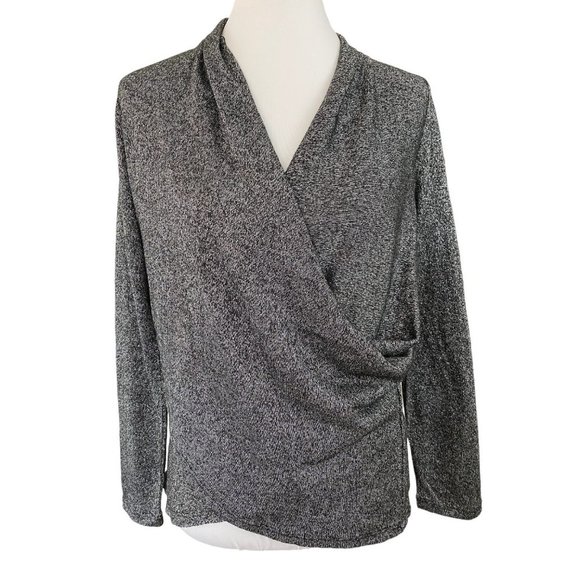 1. State Sweaters - 1. State Black Silver Shimmer Surplice Crossover Knit Sweater Top Womens Medium